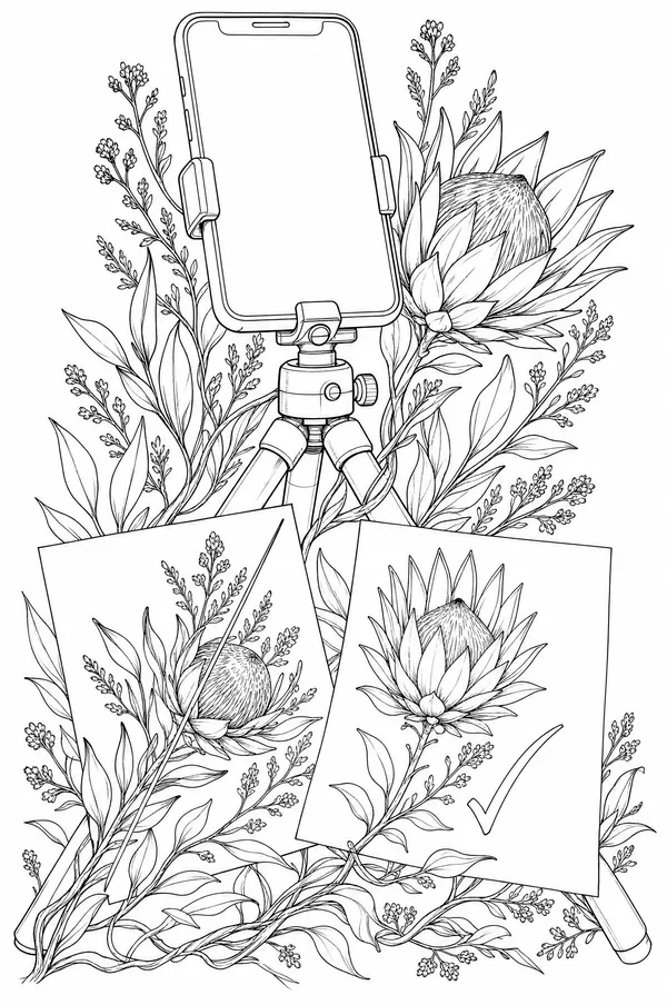 Ink drawing of a phone on a tripod and two advert cards, one ticked, with protea and fynbos climbing the tripod legs