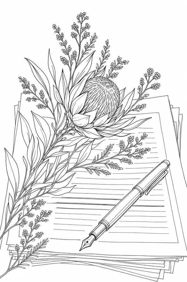 Ink drawing of stacked pages with one line struck through and a fountain pen, a protea and fynbos growing through them