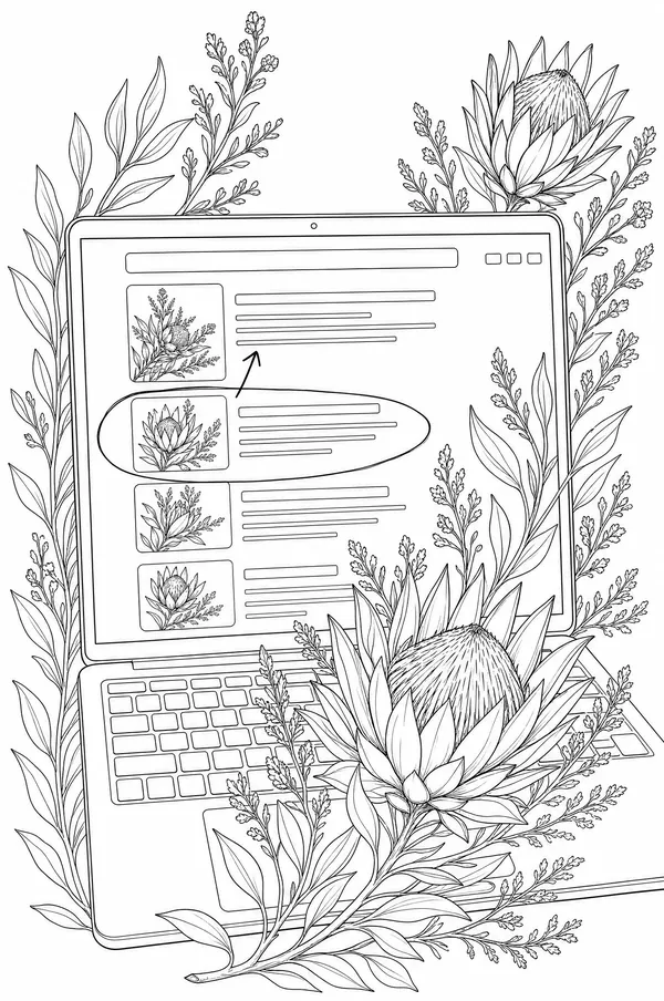 Ink drawing of a laptop showing search results with one listing circled, a protea and fynbos growing through the keys