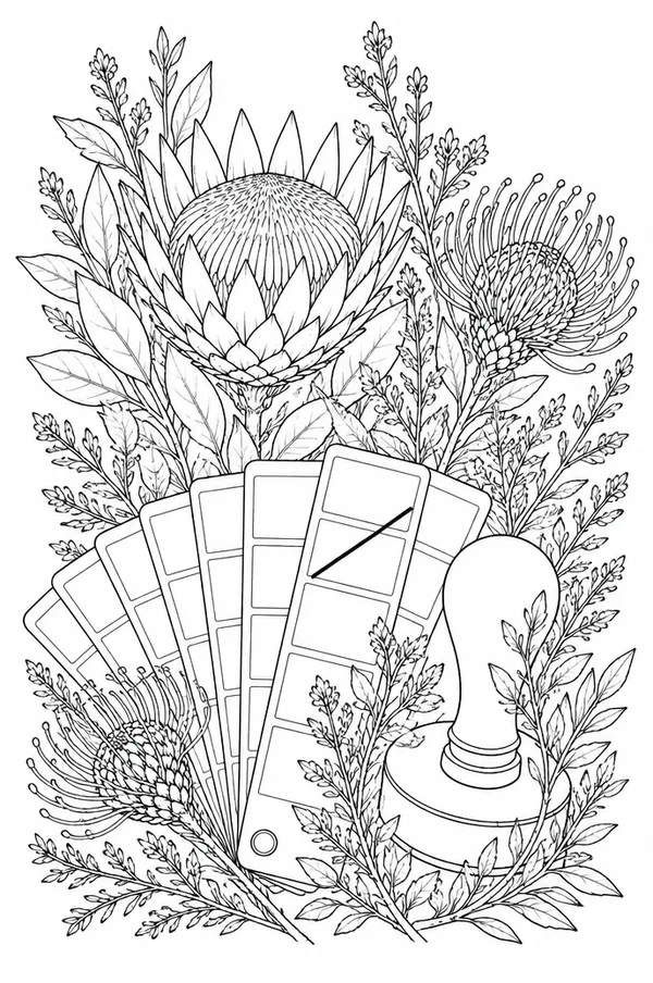 Ink drawing of a fanned swatch book with one card struck through and a brass stamp, proteas and fynbos rising around them