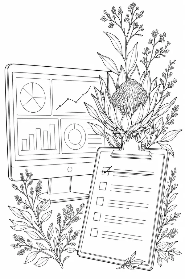 Ink drawing of a dashboard monitor and a checklist with one item struck through, a protea growing through the clip