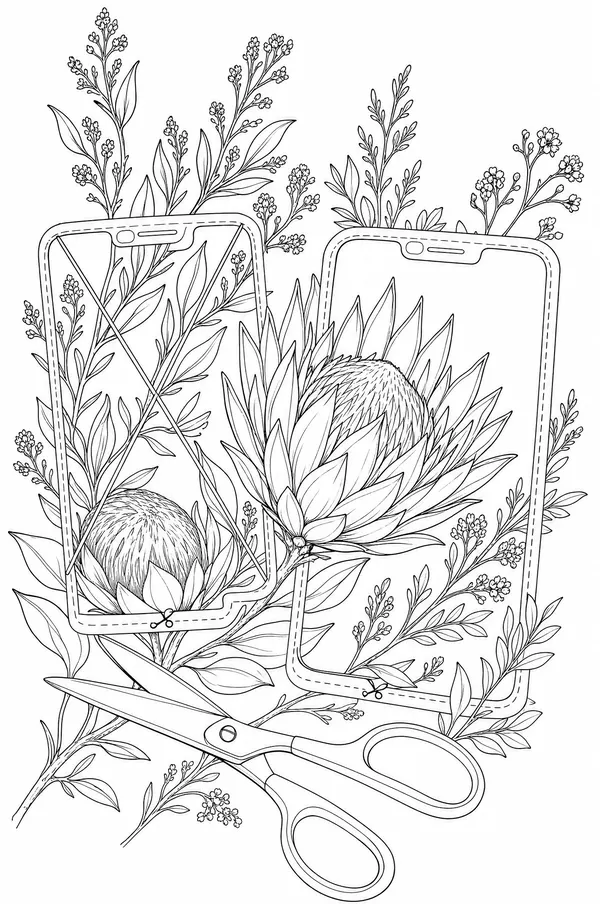 Ink drawing of paper phone cut-outs, one crossed out, and a pair of scissors, with protea and fynbos growing through them