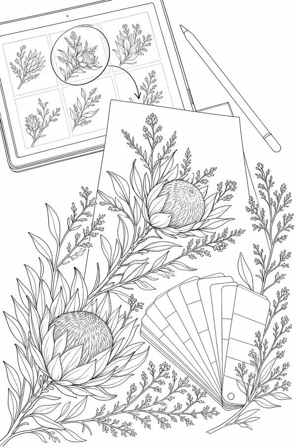 Ink drawing of a tablet page layout with one element circled and redrawn, a stylus and a swatch fan, with protea and fynbos