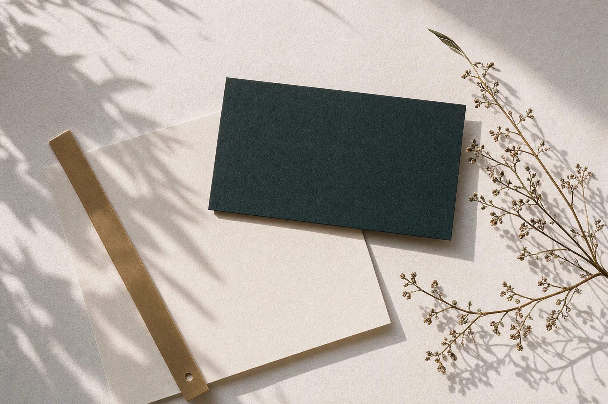 A deep green business card and bone letterhead on textured paper with a brass rule and a dried fynbos sprig