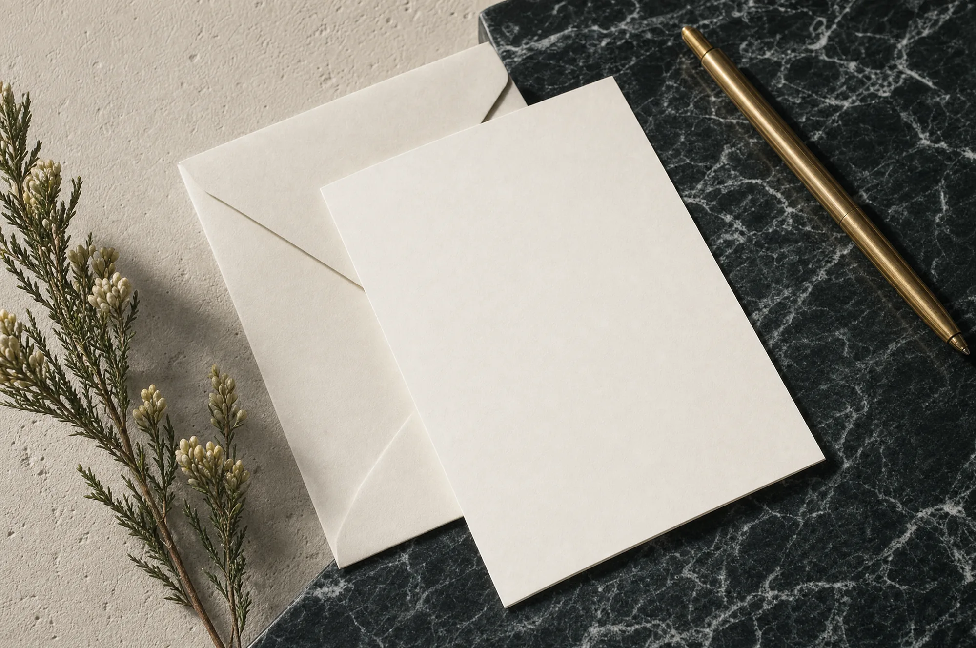 A single bone card half out of its envelope on dark marble, a brass pen across the corner and a fynbos sprig beside it