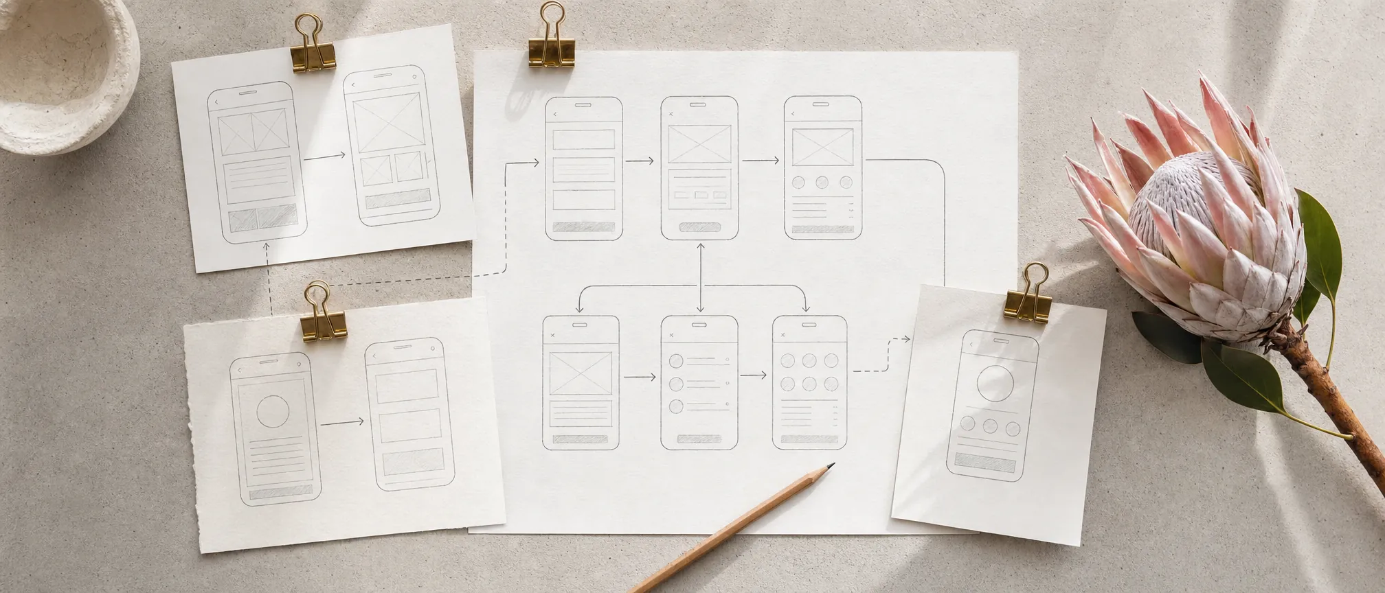 Pencil wireframes of app screens joined by arrows into a user flow, clipped on stone beside a king protea