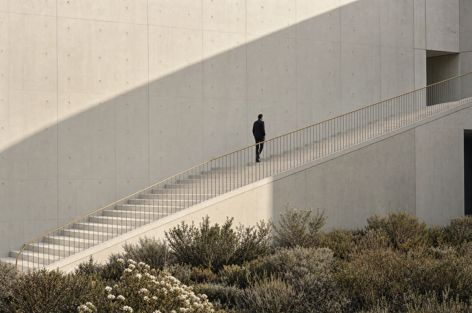 A pale concrete staircase climbing the face of a building with one small figure part way up and fynbos at its foot