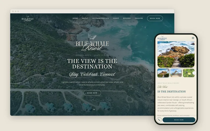 The new Blue Whale Resort site: aerial hero on desktop and The View section on a phone