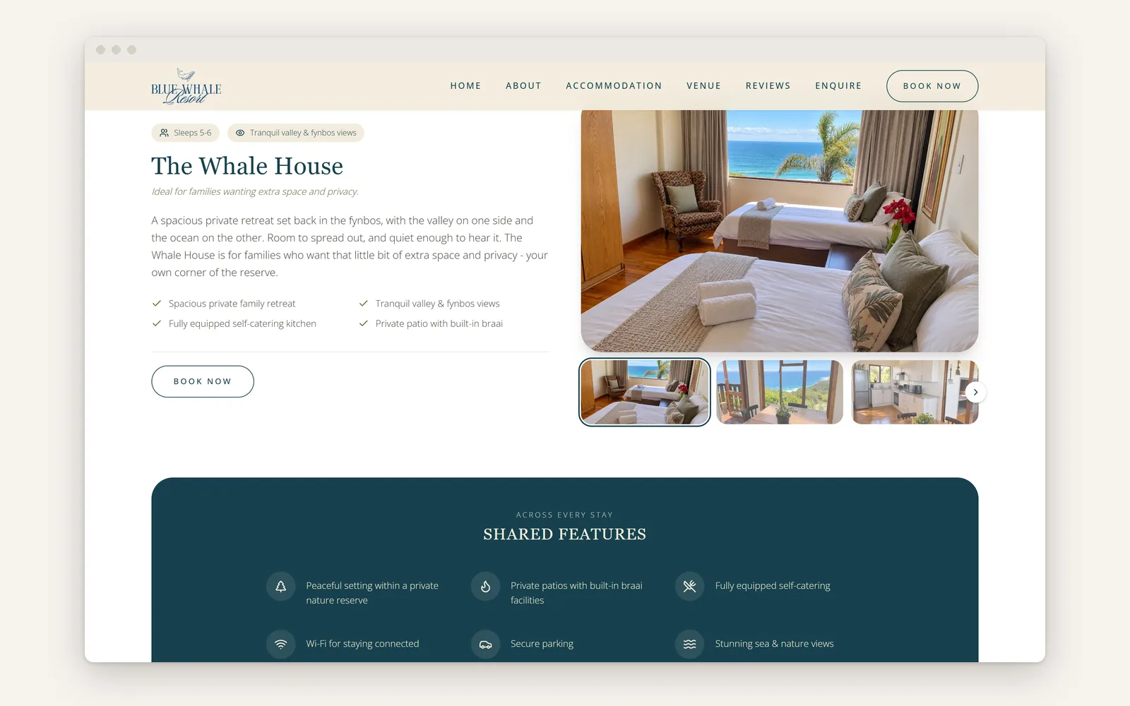 The Whale House: the resort's own photograph of the main bedroom, a thumbnail strip of the house