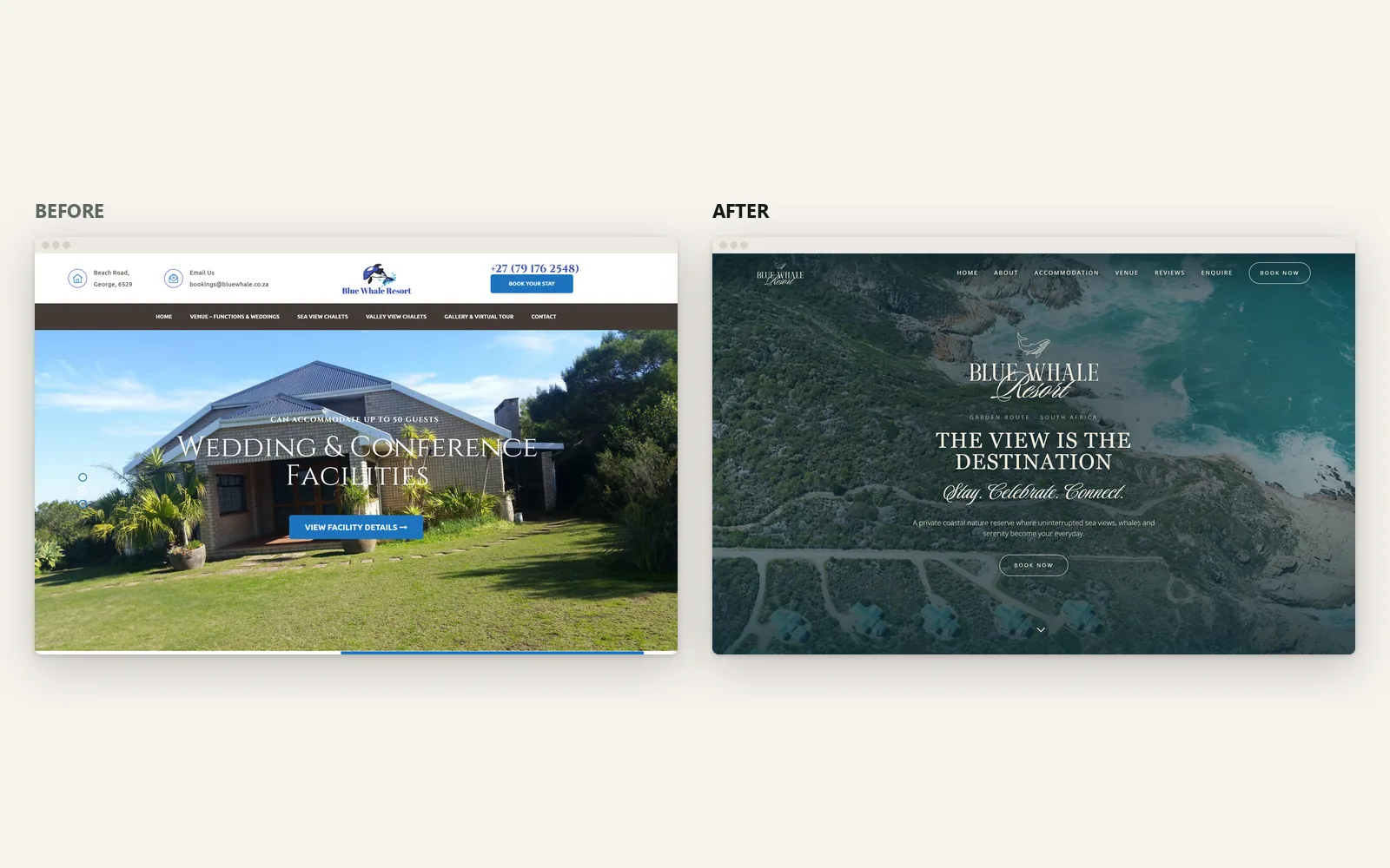 The old Blue Whale home page (captured 13/08/2026) beside the new one, both at the top of the page