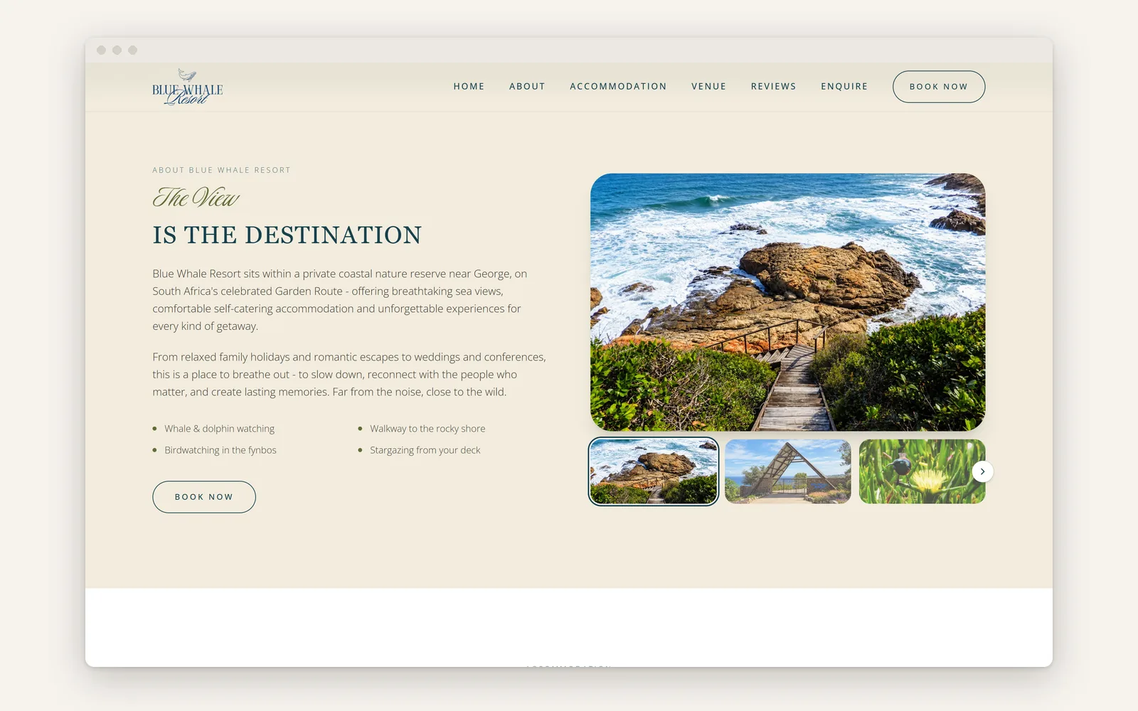 'The View is the destination' section with the resort's own photograph of the boardwalk to the rocky shore and a