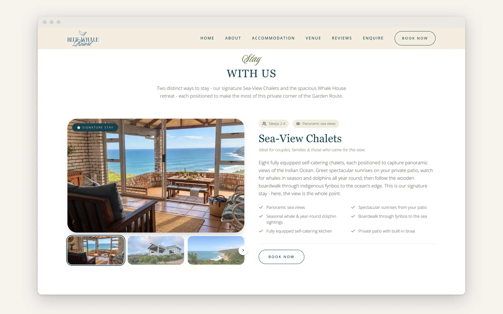 Accommodation section: Sea-View Chalets with the resort's photographs, sleeps and sea-view tags, features and booking
