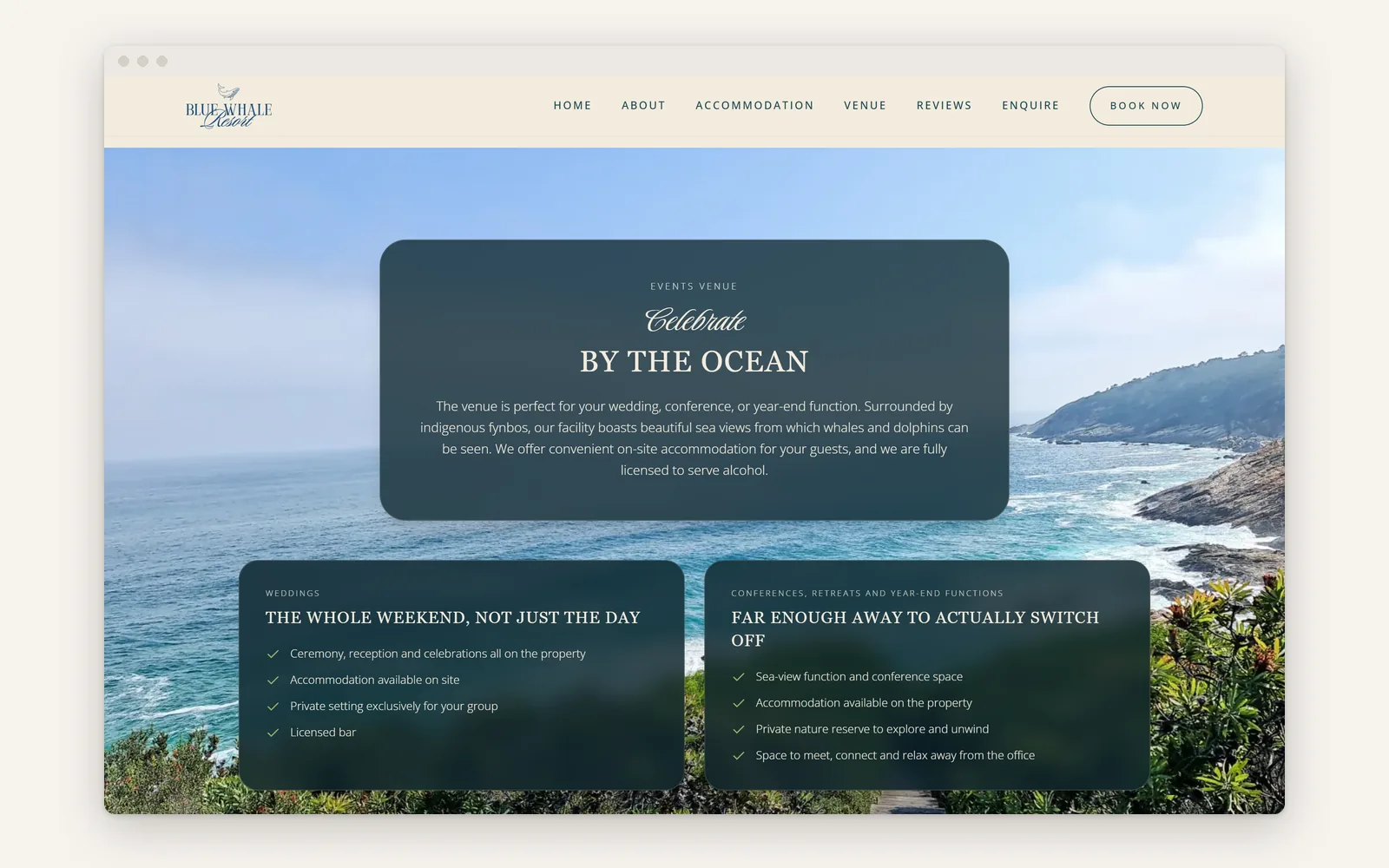 Home page venue band over the walkway photograph: 'Celebrate by the ocean', with weddings and conferences side by side