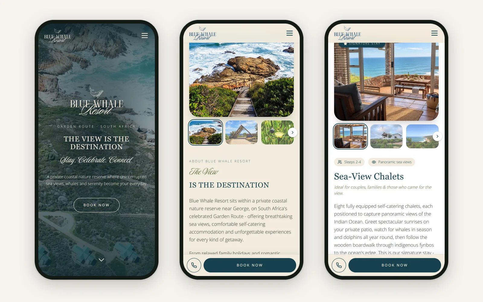 Three phone screens of the new Blue Whale site: hero, The View and the Sea-View Chalets
