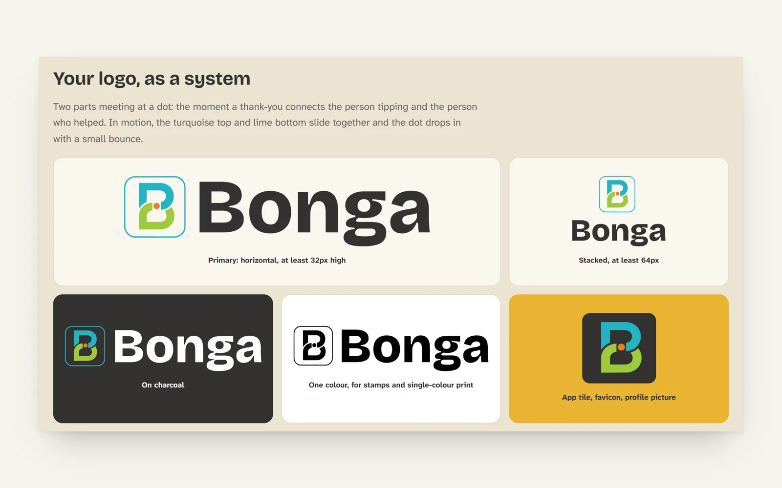 Bonga logo system: horizontal, stacked, on charcoal, one colour and app tile