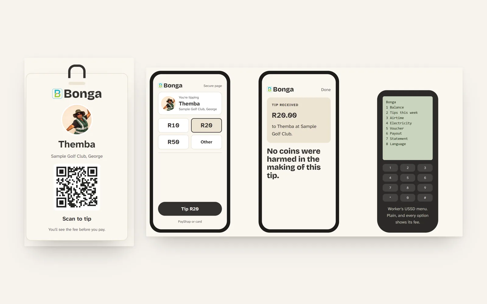 Bonga worker lanyard, tipping screens and the worker USSD menu