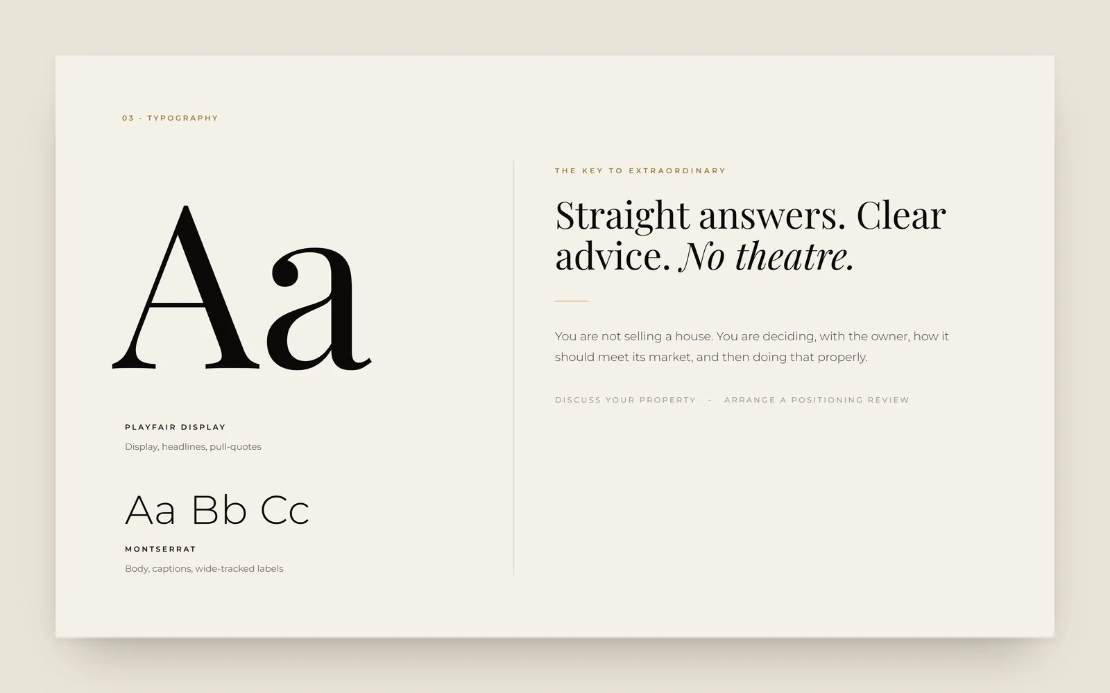 DOORS typography: Playfair Display and Montserrat set with the brand line "Straight answers. Clear advice. No theatre."