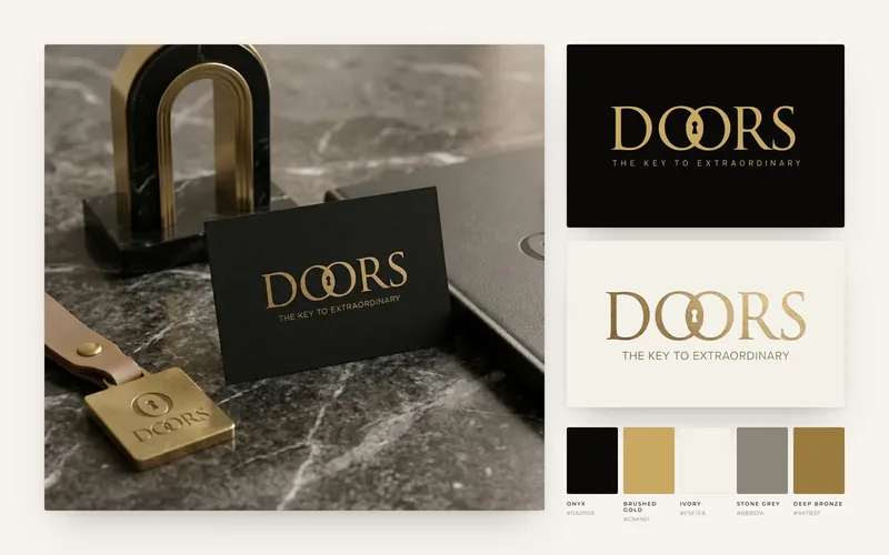 DOORS business card on black marble beside the gold-on-onyx and foil wordmarks and the five-colour palette