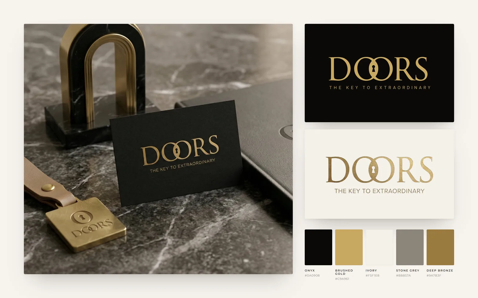 DOORS business card on black marble beside the gold-on-onyx and foil wordmarks and the five-colour palette