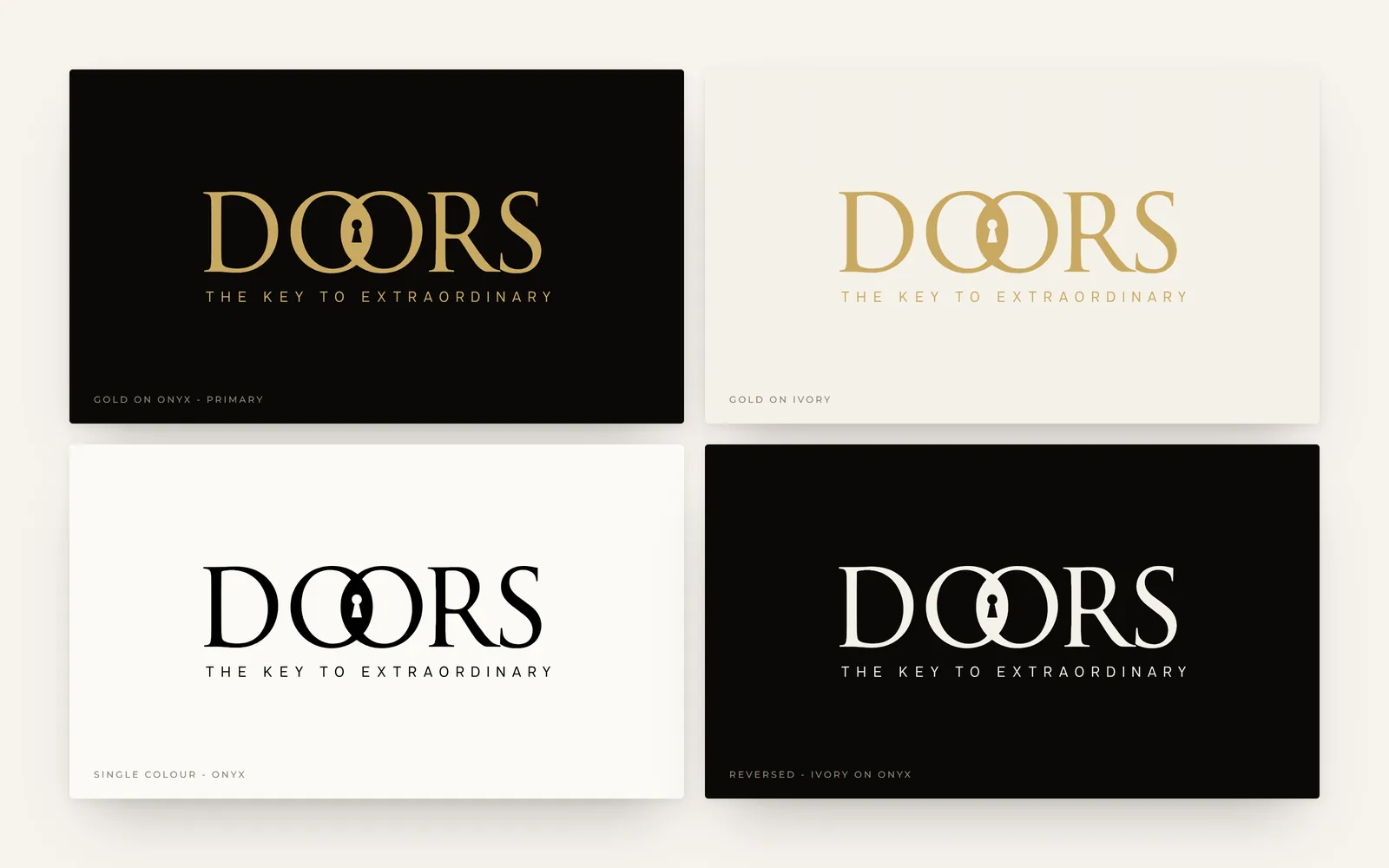 DOORS logo in four colourways: gold on onyx, gold on ivory, onyx, and ivory on onyx
