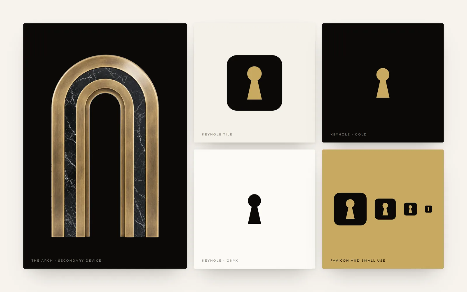 DOORS brand devices: the marble and brass arch, the keyhole tile, gold and onyx keyholes