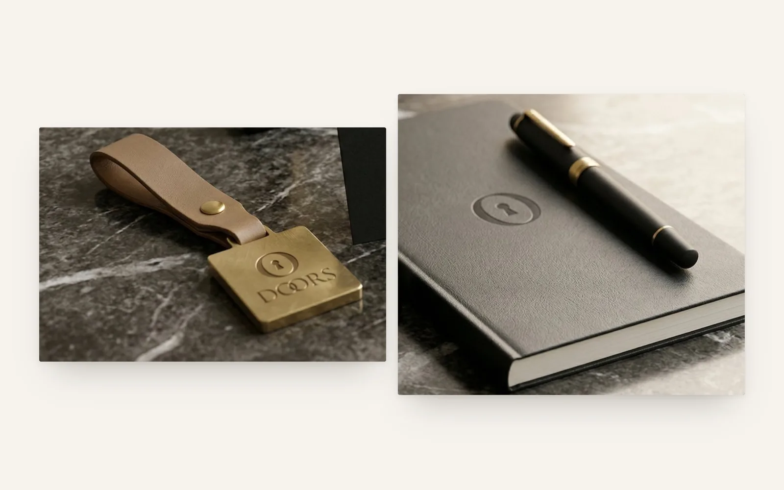 Brass DOORS keyholder and a leather notebook debossed with the keyhole mark