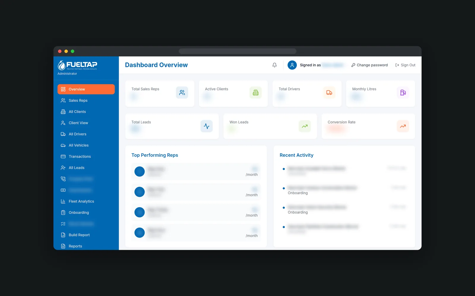 FuelTap CRM dashboard with navigation and headline tiles for reps, clients, drivers