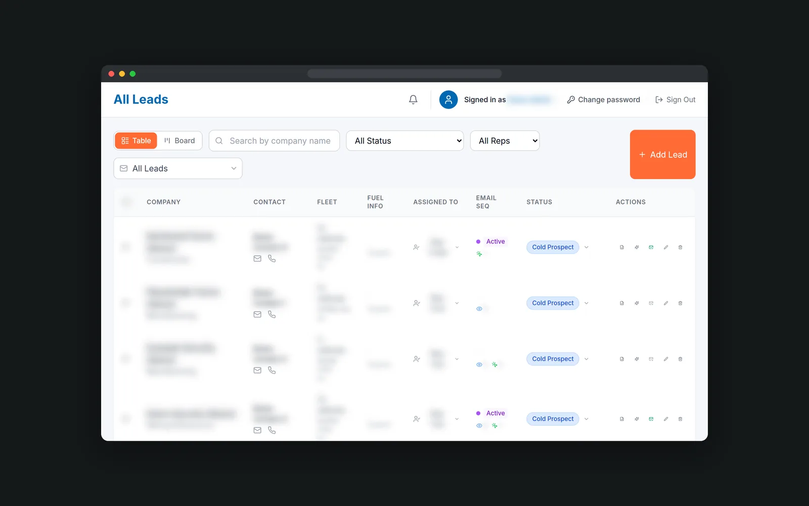 Leads table with filters and column headings; every row blurred