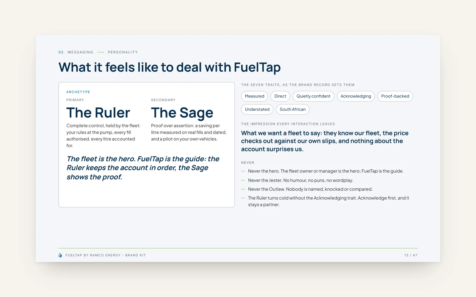 FuelTap personality page: The Ruler and The Sage archetypes and seven traits