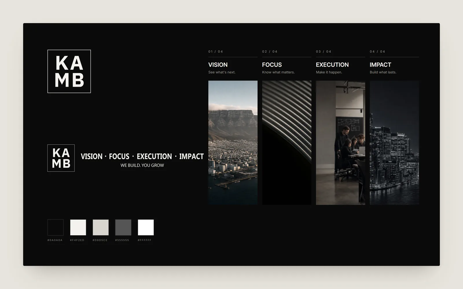 Kamb identity: the open block, the pillar lockup, the five monochrome tokens and the four pillar photographs