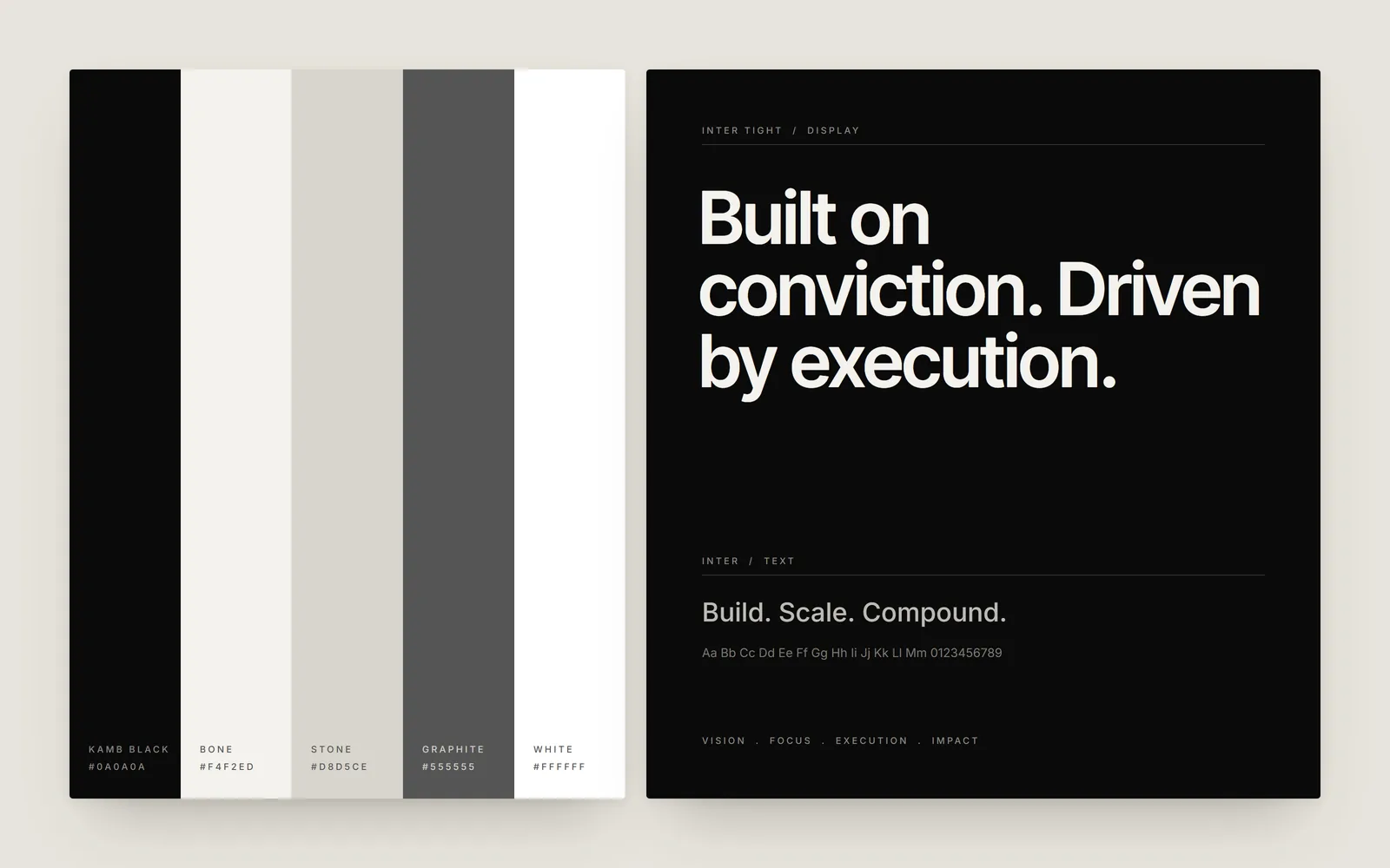 Kamb monochrome palette and Inter Tight display type with "Built on conviction. Driven by execution."