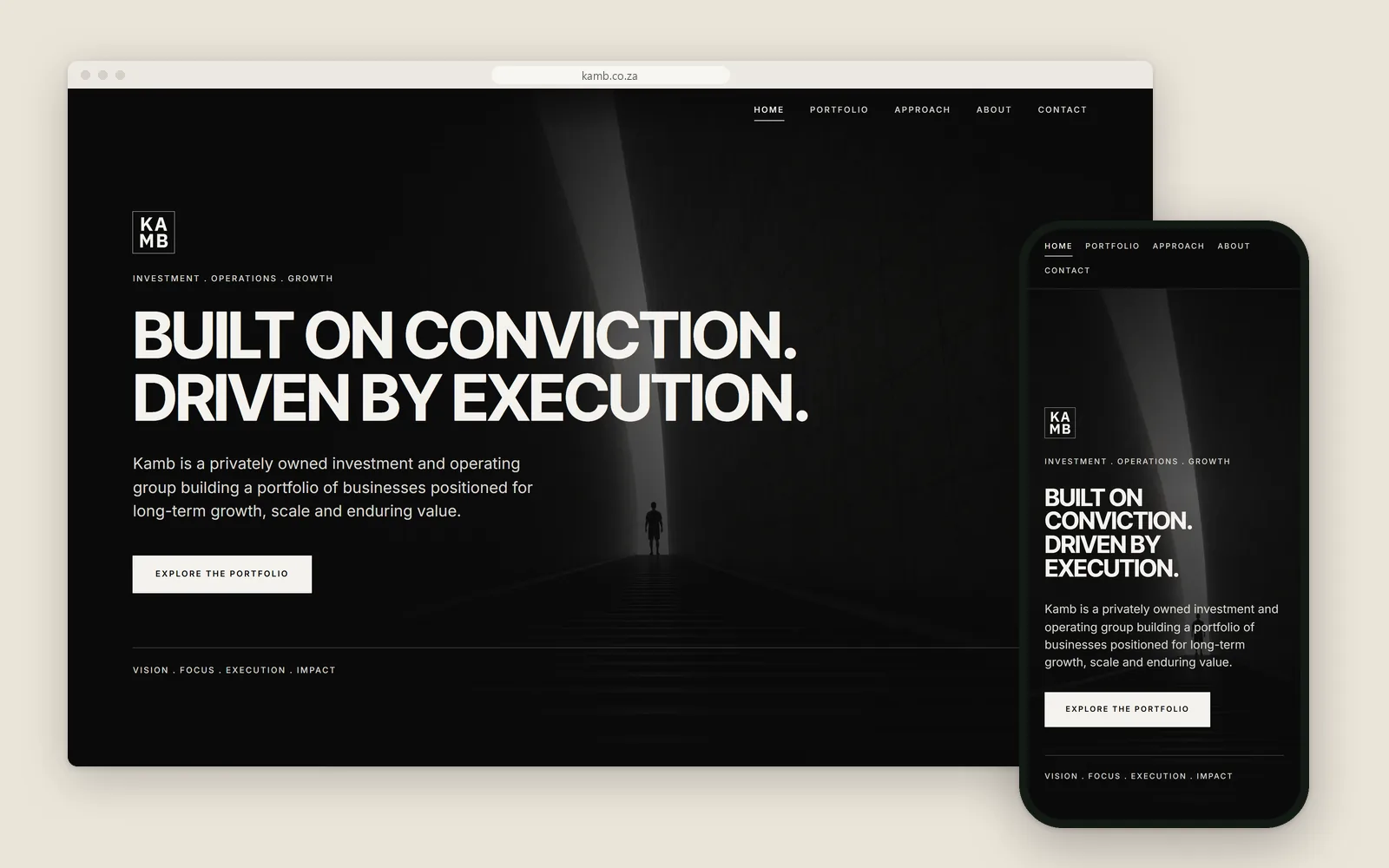 kamb.co.za home hero 'Built on conviction. Driven by execution.' on desktop and phone