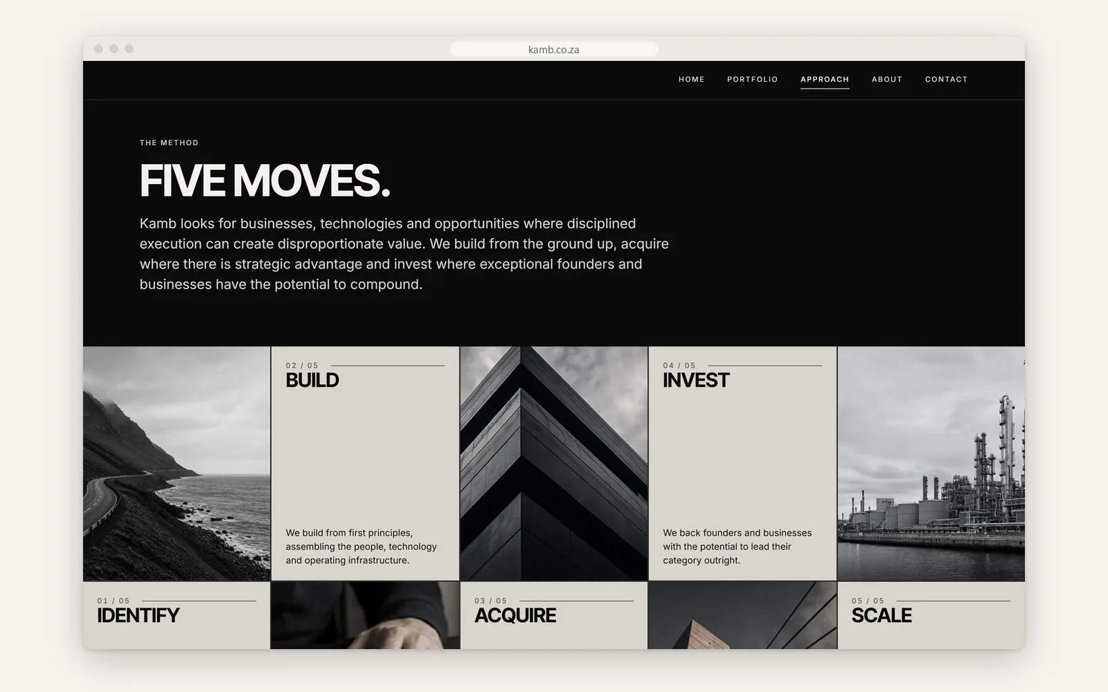 Approach page: 'Five moves' in an editorial grid of monochrome photographs and text tiles