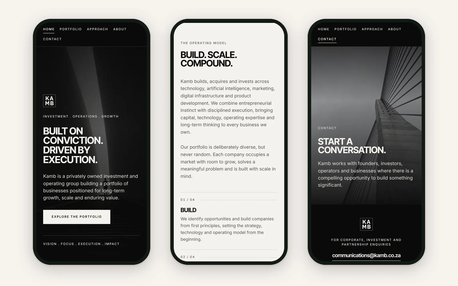 Three phone screens of kamb.co.za: the home hero, the operating model and contact