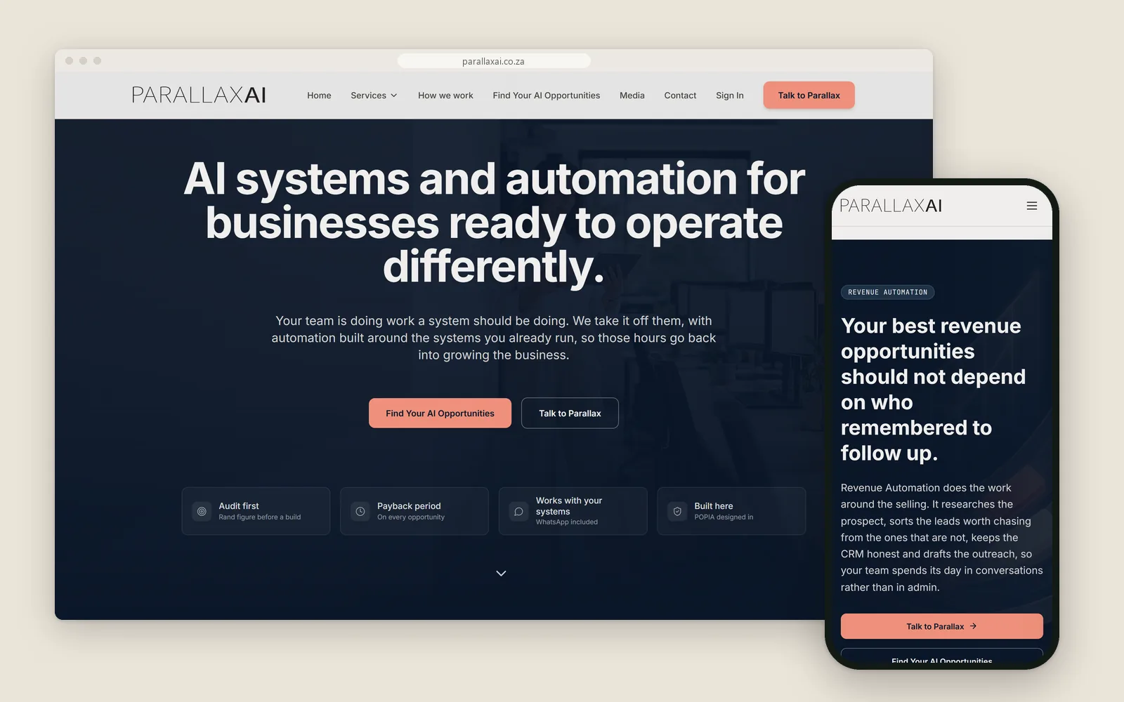parallaxai.co.za home hero on desktop with the Revenue Automation page on a phone