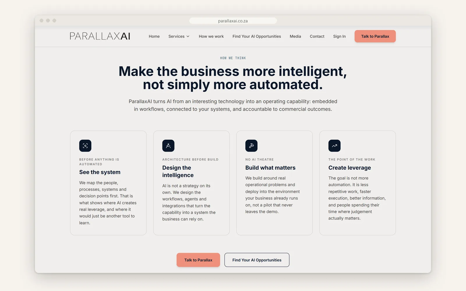 Home page 'Make the business more intelligent, not simply more automated.' with four principle cards