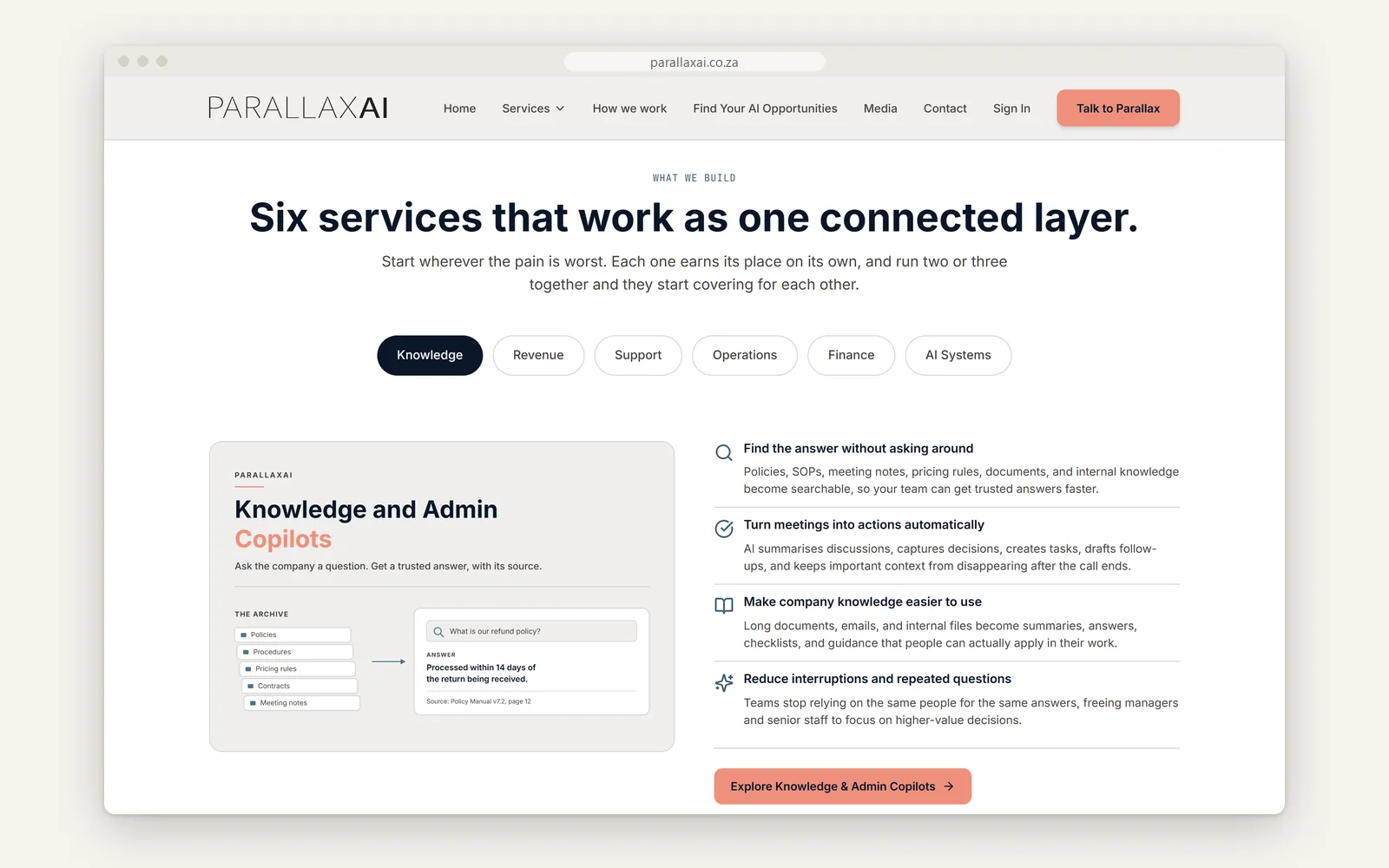 'Six services that work as one connected layer' with a tabbed service explorer