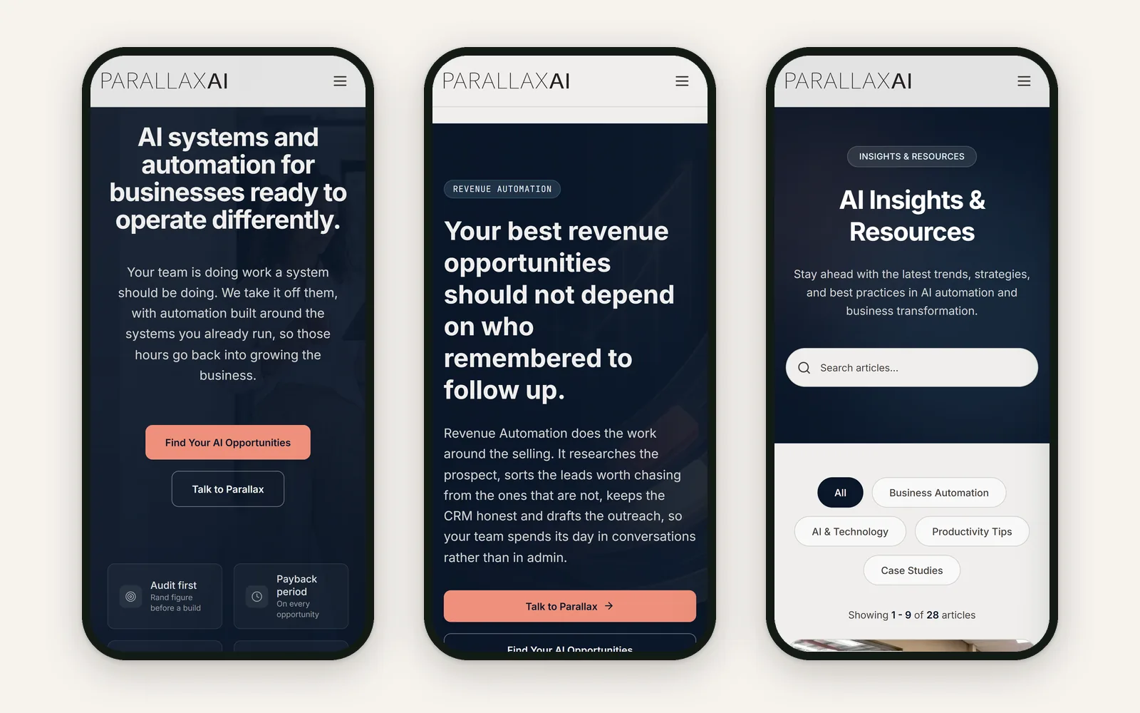 Three phone screens of parallaxai.co.za: home, Revenue Automation and the insights index