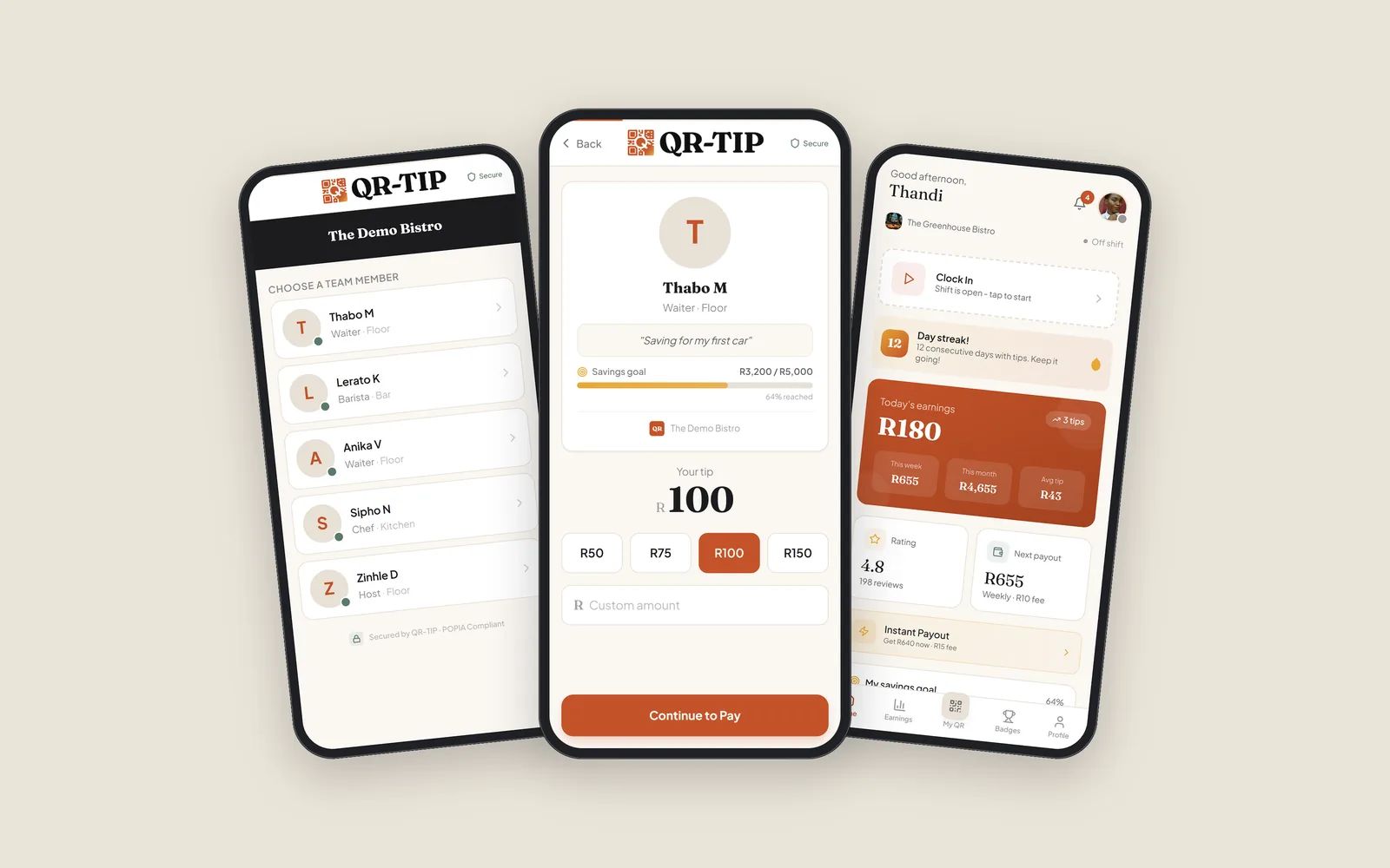 QR-TIP on three phones: choosing a team member at a venue, picking a tip amount with the worker's savings goal