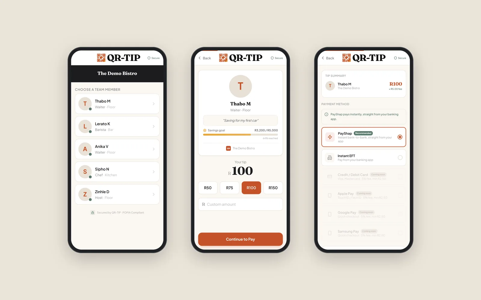 Scan-to-tip flow: choose who to tip, choose an amount, choose how to pay with PayShap or instant EFT