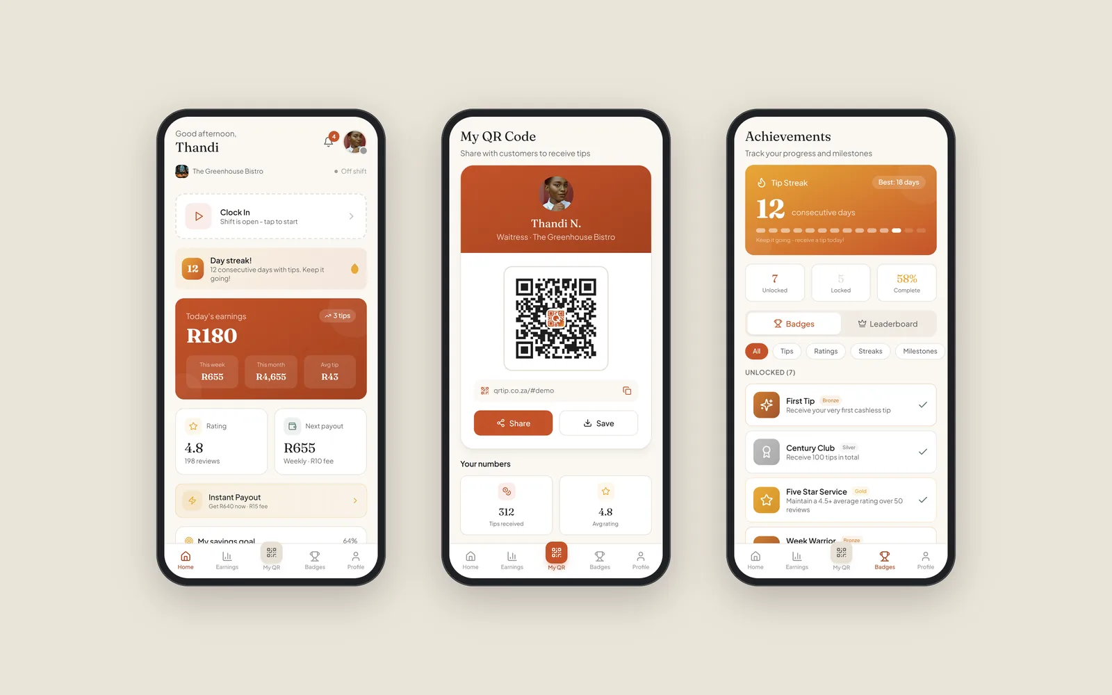 The worker app: today's earnings and clock-in, a personal QR code to share, and badges for tip streaks
