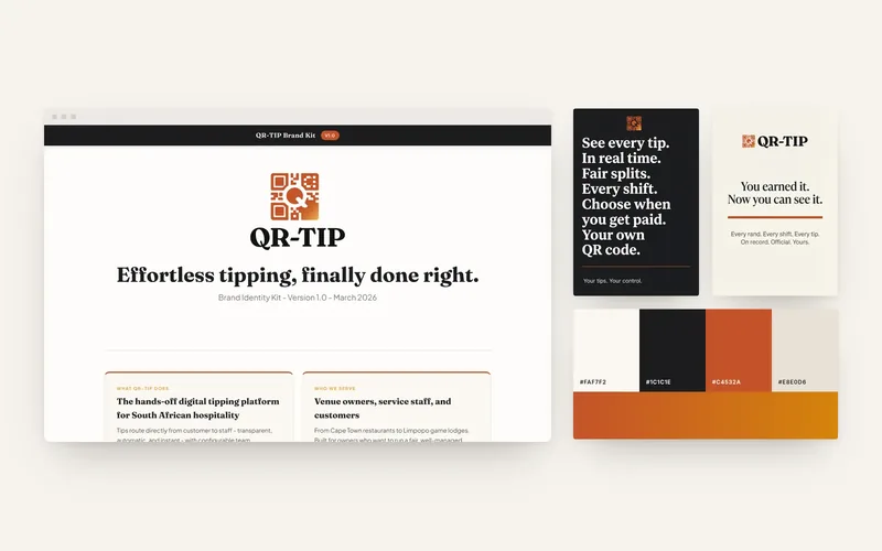 QR-TIP brand kit home page beside two WhatsApp cards and the terracotta palette with its brand gradient