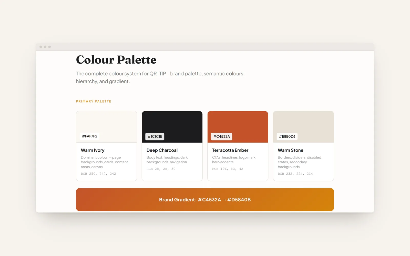 QR-TIP brand kit colour page: Warm Ivory, Deep Charcoal, Terracotta Ember, Warm Stone and the brand gradient