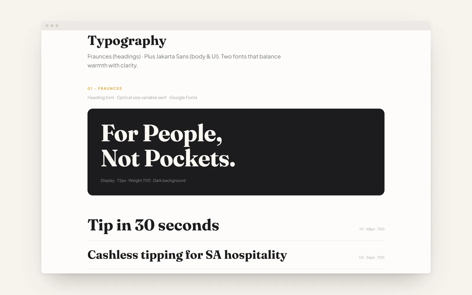 QR-TIP brand kit typography page: Fraunces headlines with "For People, Not Pockets."