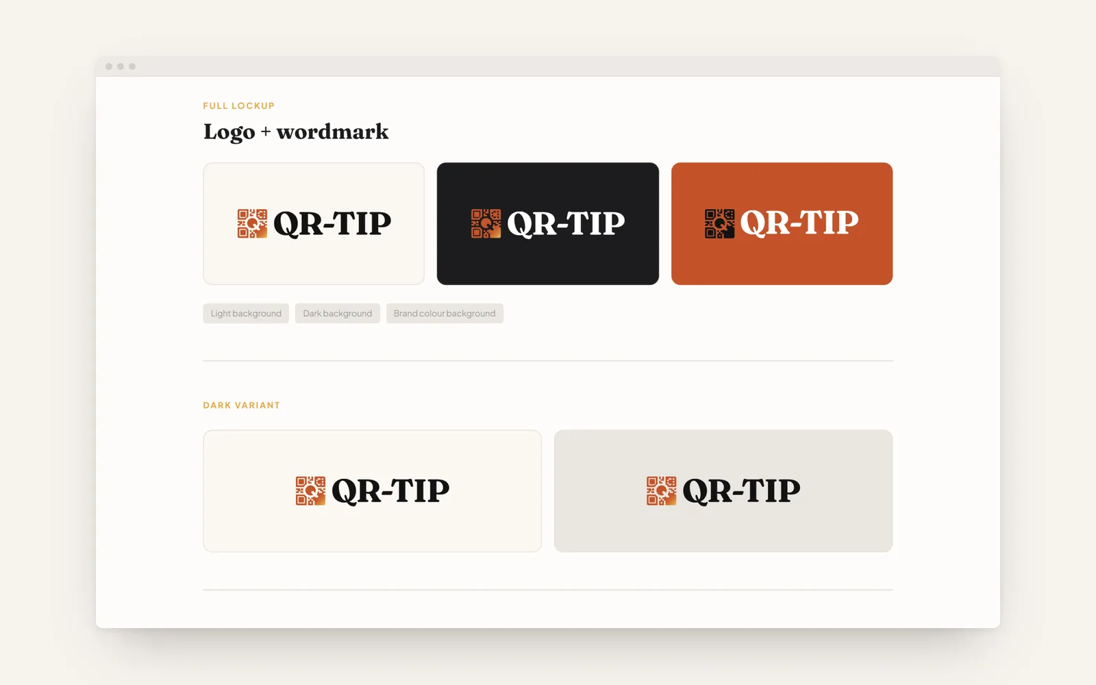 QR-TIP logo and wordmark on light, dark and terracotta grounds