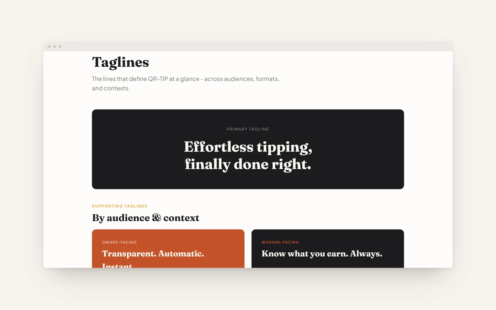 QR-TIP brand kit taglines page with the primary line and audience lines