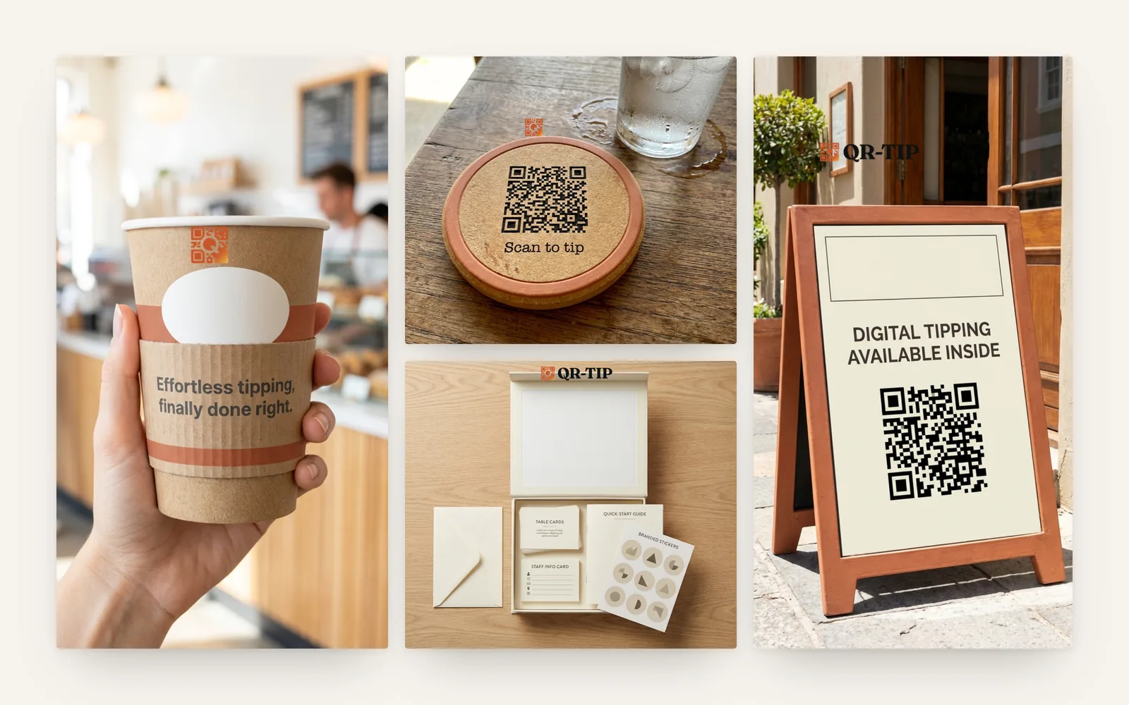 QR-TIP applications: coffee sleeve, cork coaster, venue starter box and street A-frame