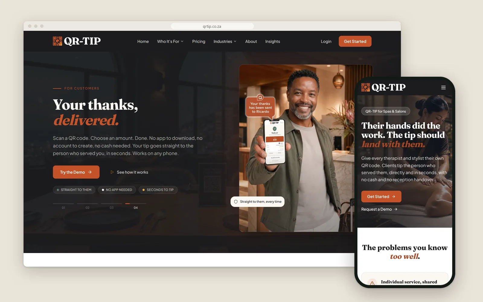 qrtip.co.za on desktop, the 'Your thanks, delivered.' hero, with the spas and salons page on a phone