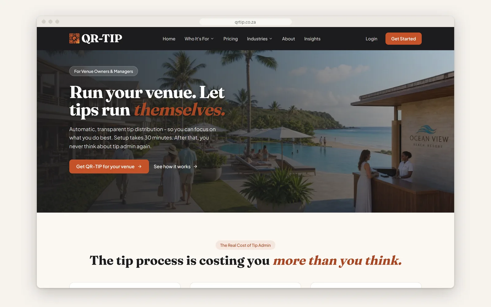 For Venues page hero: 'Run your venue. Let tips run themselves.' over a lodge terrace