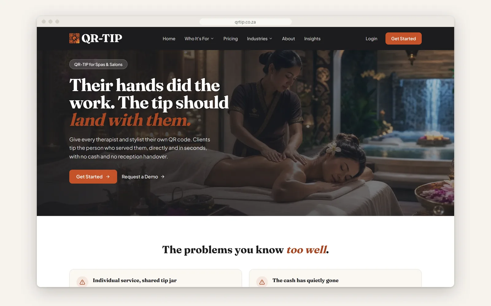 Spas and salons industry page hero: 'Their hands did the work. The tip should land with them.'
